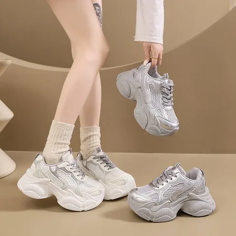 Silver Mesh Platform Chunky Sneakers for Women, 7.5cm Hidden Height Increase Breathable Shoes