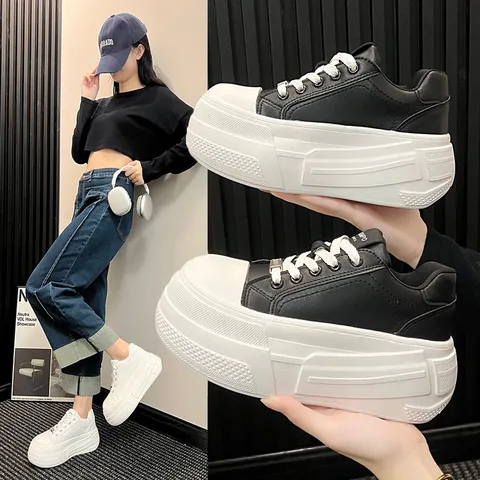Black & White Platform Sneakers for Women, Lightweight Height Boost Casual Shoes