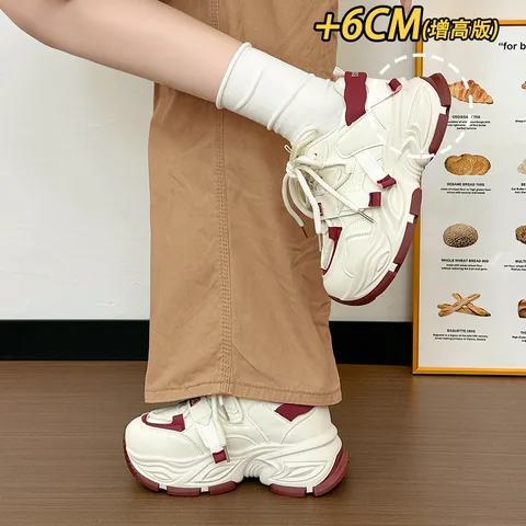 White Red Color Block Chunky Sneakers for Women, 6cm Hidden Height Increase Casual Shoes