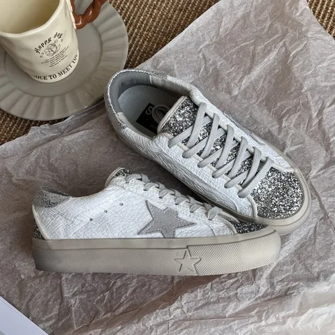 Glitter Star Vintage Dirty Sneakers for Women, 5cm Hidden Height Increase White Shoes