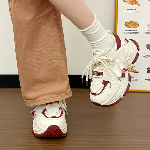 White Red Color Block Chunky Sneakers for Women, 6cm Hidden Height Increase Casual Shoes