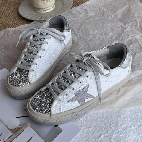 Glitter Star Vintage Dirty Sneakers for Women, 5cm Hidden Height Increase White Shoes