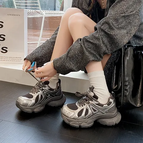 Retro Mesh Platform Chunky Sneakers for Women, Silver Grey & Off White Two-tone Breathable Shoes