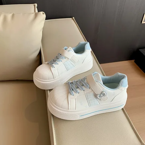 Blue White Color Block Shell Toe Platform Sneakers for Women, Velcro Design Lightweight Casual Shoes