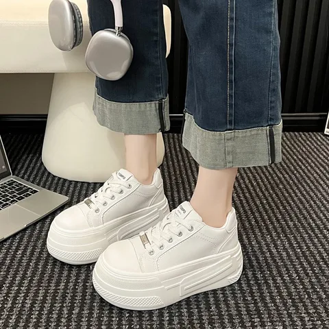 Black & White Platform Sneakers for Women, Lightweight Height Boost Casual Shoes