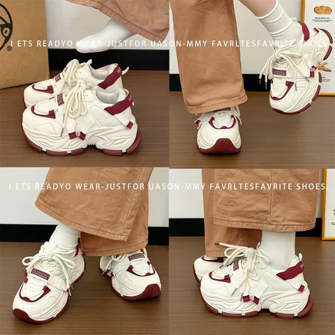 White Red Color Block Chunky Sneakers for Women, 6cm Hidden Height Increase Casual Shoes