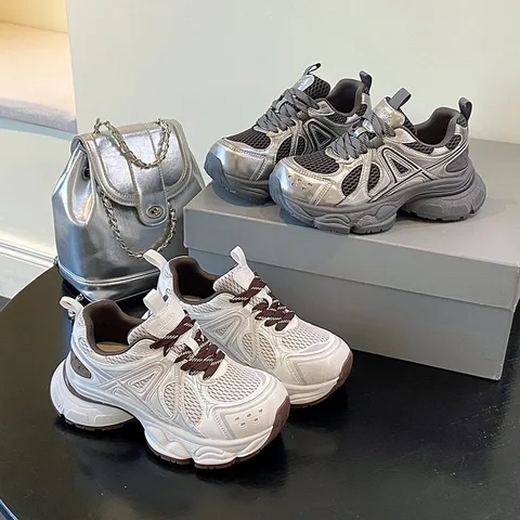 Retro Mesh Platform Chunky Sneakers for Women, Silver Grey & Off White Two-tone Breathable Shoes