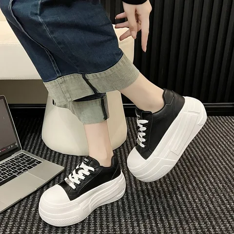 Black & White Platform Sneakers for Women, Lightweight Height Boost Casual Shoes
