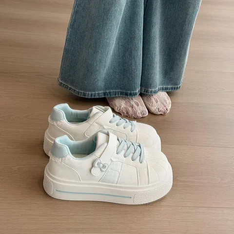 Blue White Color Block Shell Toe Platform Sneakers for Women, Velcro Design Lightweight Casual Shoes