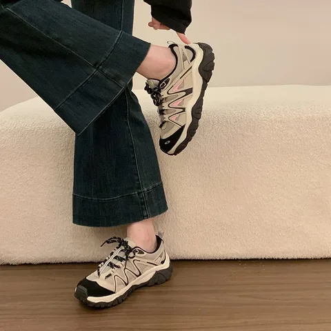 Color Block Outdoor Chunky Sneakers for Women, 7cm Hidden Height Increase Mesh Hiking Shoes