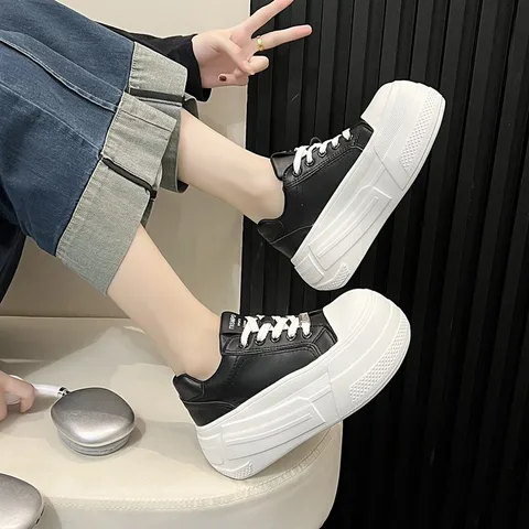 Black & White Platform Sneakers for Women, Lightweight Height Boost Casual Shoes
