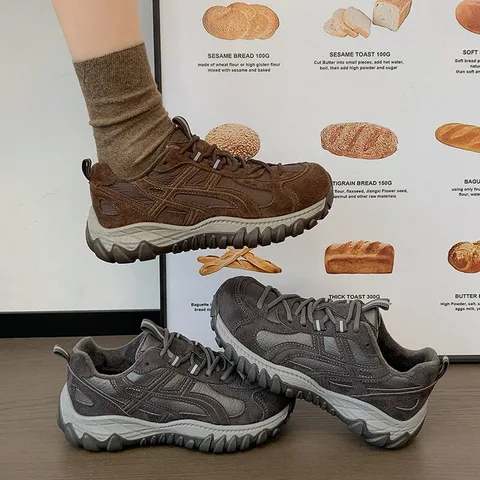 Winter Fleece Lined Outdoor Hiking Shoes for Women, Vintage Distressed Thick Sole Warm Sneakers, Brown & Grey Available