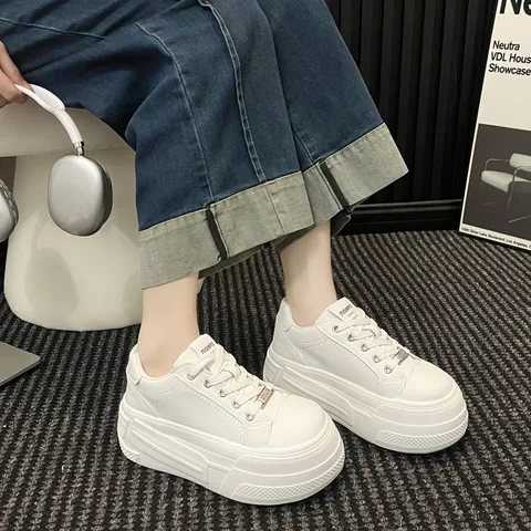 Black & White Platform Sneakers for Women, Lightweight Height Boost Casual Shoes