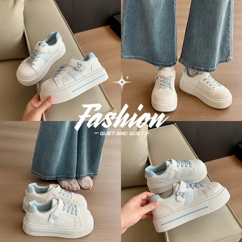 Blue White Color Block Shell Toe Platform Sneakers for Women, Velcro Design Lightweight Casual Shoes