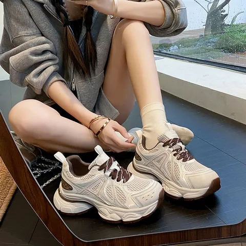 Retro Mesh Platform Chunky Sneakers for Women, Silver Grey & Off White Two-tone Breathable Shoes