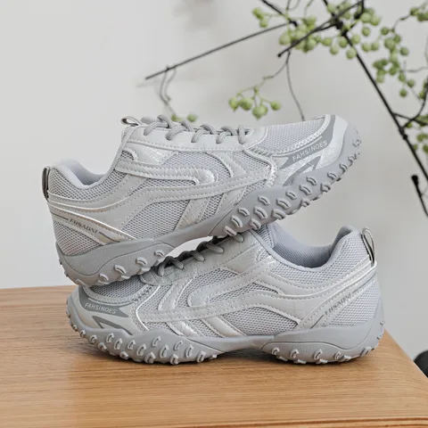 Women's Beige Grey Mesh Chunky Dad Sneakers Retro Lug Sole Breathable Non-Slip Casual Walking Shoes