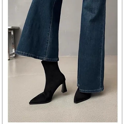 Women's Black Stretch Suede Square Toe Chunky Heel Ankle Boots Back Zipper Slip-On Fashion Booties Spring Autumn