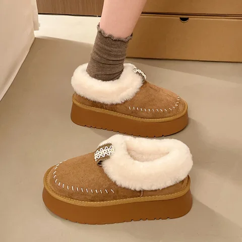 Women's Faux Fur Collar Slip-On Snow Boots Thick Platform Warm Suede Winter Ankle Booties Non-Slip