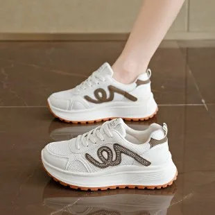 Women's White Chunky Platform Sneakers Curly Line Detail Lace-Up Casual Walking Shoes Lightweight Spring Autumn