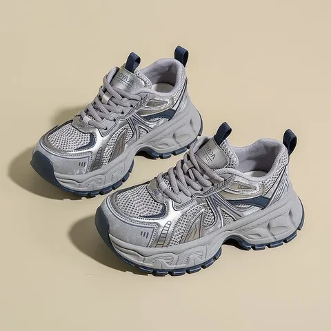 Women's Retro Chunky Dad Sneakers Mesh Panel Lace-Up Lug Sole Height Increasing Non-Slip Casual Walking Shoes