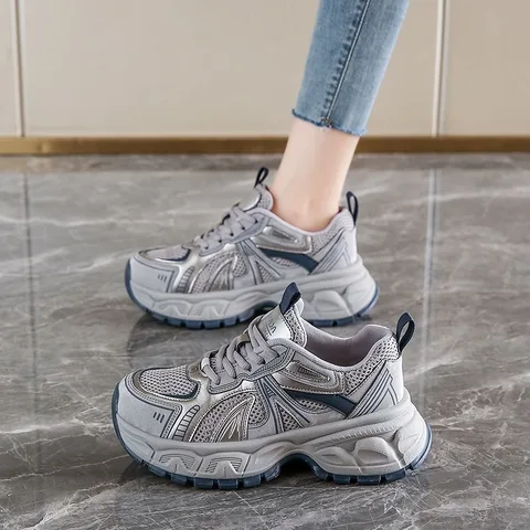 复古轮胎纹厚底老爹鞋女 银灰网面透气系带阿甘鞋 增高防滑休闲运动鞋