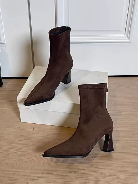 Women's Black Stretch Suede Square Toe Chunky Heel Ankle Boots Back Zipper Slip-On Fashion Booties Spring Autumn