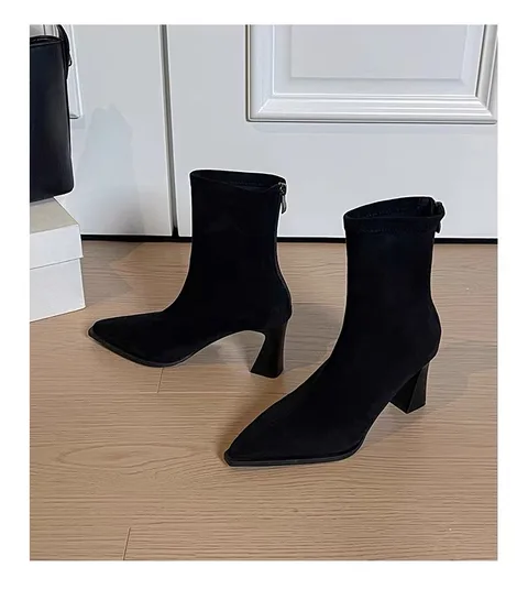 Women's Black Stretch Suede Square Toe Chunky Heel Ankle Boots Back Zipper Slip-On Fashion Booties Spring Autumn