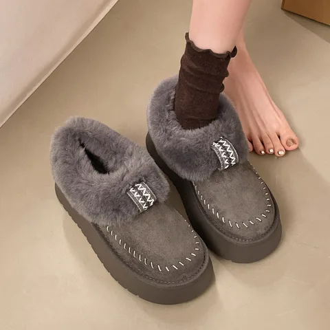Women's Faux Fur Collar Slip-On Snow Boots Thick Platform Warm Suede Winter Ankle Booties Non-Slip