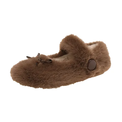 Women's Fluffy Fur Slip-On Shoes Round Toe Flat Soft Sole Warm Winter Indoor Outdoor Fuzzy Shoes