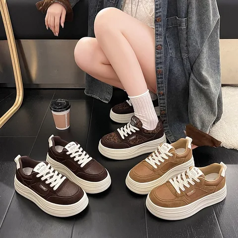 Women's Leopard Print Platform Sneakers Suede Lace-Up Chunky Skate Shoes Height Increasing Casual Shoes