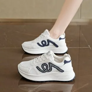 Women's White Chunky Platform Sneakers Curly Line Detail Lace-Up Casual Walking Shoes Lightweight Spring Autumn