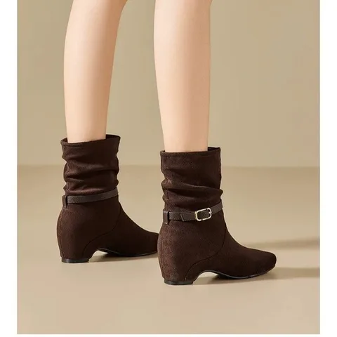 Women's Faux Suede Slouchy Ankle Boots Square Toe Hidden Heel Buckle Strap Winter Fashion Mid Heel Booties