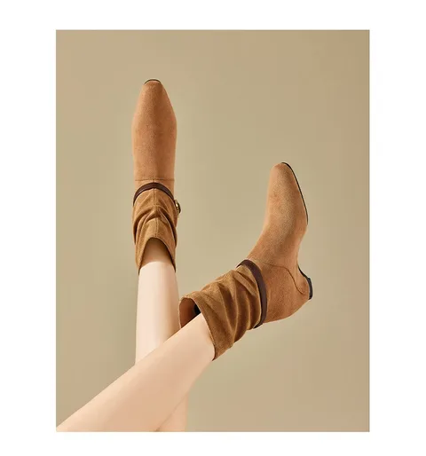 Women's Faux Suede Slouchy Ankle Boots Square Toe Hidden Heel Buckle Strap Winter Fashion Mid Heel Booties