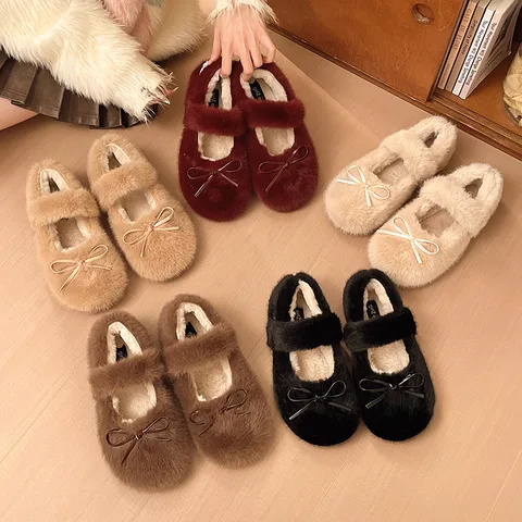 Women's Fluffy Fur Slip-On Shoes Round Toe Flat Soft Sole Warm Winter Indoor Outdoor Fuzzy Shoes