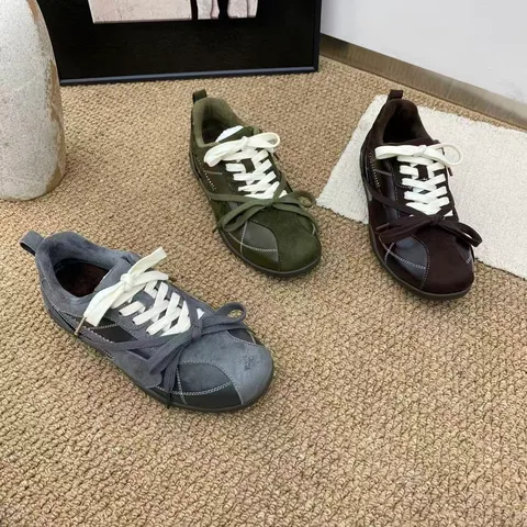 复古德训鞋女冬季加绒保暖 磨砂皮低帮系带蝴蝶结 平底防滑休闲运动鞋