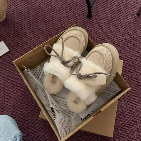 女士蝴蝶结毛毛半拖鞋 冬季加绒厚底雪地靴款 防滑保暖外穿棉拖