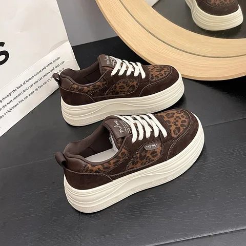 Women's Leopard Print Platform Sneakers Suede Lace-Up Chunky Skate Shoes Height Increasing Casual Shoes