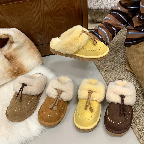 羊毛毛毛拖鞋女 外穿加绒保暖面包拖鞋 秋冬厚底防滑一脚蹬棉拖