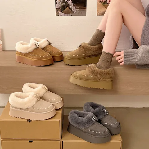 Women's Faux Fur Collar Slip-On Snow Boots Thick Platform Warm Suede Winter Ankle Booties Non-Slip