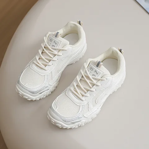 Women's Beige Grey Mesh Chunky Dad Sneakers Retro Lug Sole Breathable Non-Slip Casual Walking Shoes