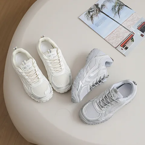 Women's Beige Grey Mesh Chunky Dad Sneakers Retro Lug Sole Breathable Non-Slip Casual Walking Shoes
