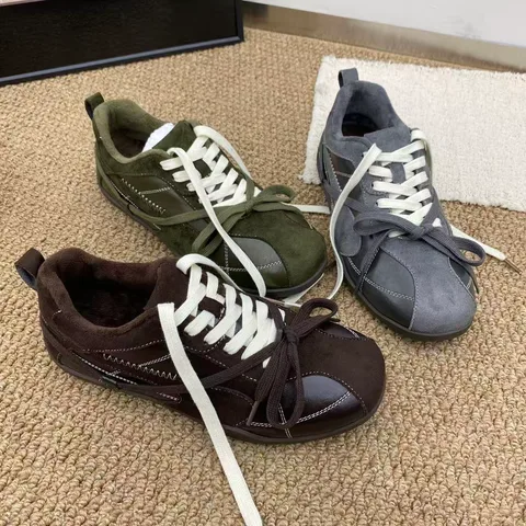 复古德训鞋女冬季加绒保暖 磨砂皮低帮系带蝴蝶结 平底防滑休闲运动鞋