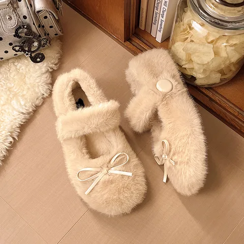 Women's Fluffy Fur Slip-On Shoes Round Toe Flat Soft Sole Warm Winter Indoor Outdoor Fuzzy Shoes