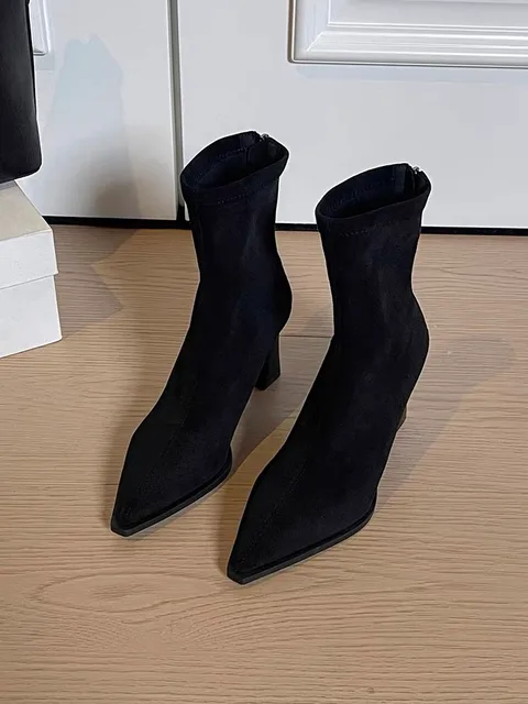 Women's Black Stretch Suede Square Toe Chunky Heel Ankle Boots Back Zipper Slip-On Fashion Booties Spring Autumn