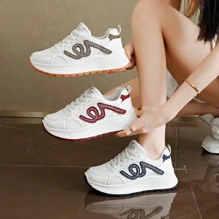 白色厚底老爹鞋女 卷曲线条装饰系带轻便慢跑鞋 春秋百搭休闲运动鞋