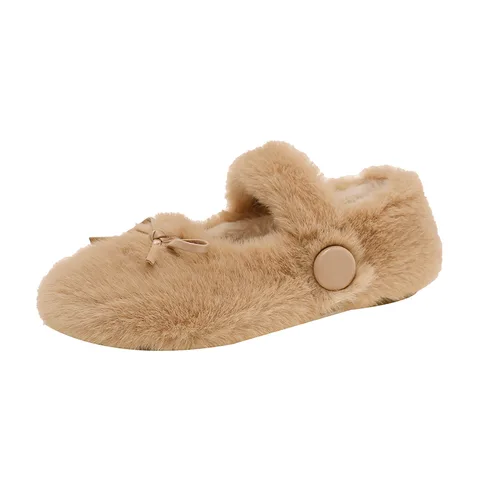 Women's Fluffy Fur Slip-On Shoes Round Toe Flat Soft Sole Warm Winter Indoor Outdoor Fuzzy Shoes