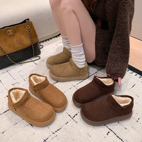 Women's Suede Short Snow Boots Winter Plush Lined Slip-On Booties Thick Non-Slip Platform Sole Warm Cotton Shoes
