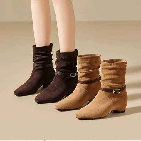 Women's Faux Suede Slouchy Ankle Boots Square Toe Hidden Heel Buckle Strap Winter Fashion Mid Heel Booties