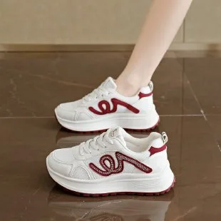 Women's White Chunky Platform Sneakers Curly Line Detail Lace-Up Casual Walking Shoes Lightweight Spring Autumn