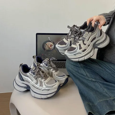 Plush-Insole Chunky Lace-Up Sneakers for Women